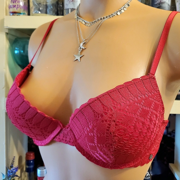 Lucky Brand Bra 34-C Red Lace Push-up Lined Underwire EUC - Picture 5 of 8